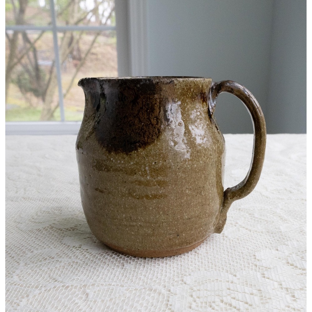 1970s Stoneware Pottery Vintage Pitcher Brown  Rustic Farmhouse Cottage Decor
